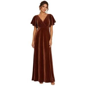 Jenny Yoo Collection Ellis Velvet Evening Gown 10 Maxi Flutter Sleeves Open Back
